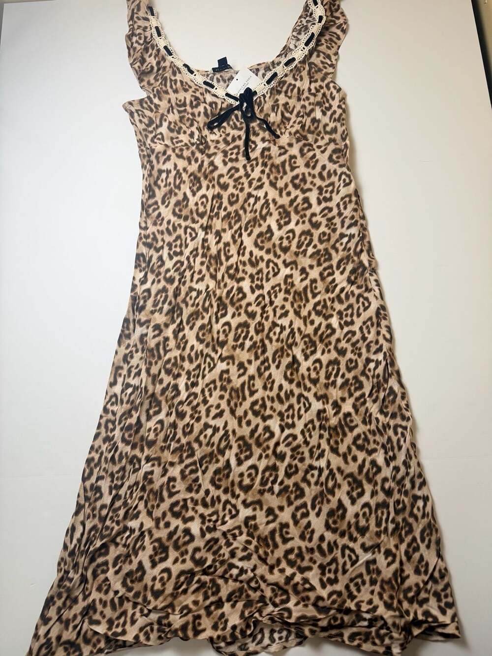 American Eagle Womens Medium Maxi Dress Leopard Print Sleeveless Lace Trim